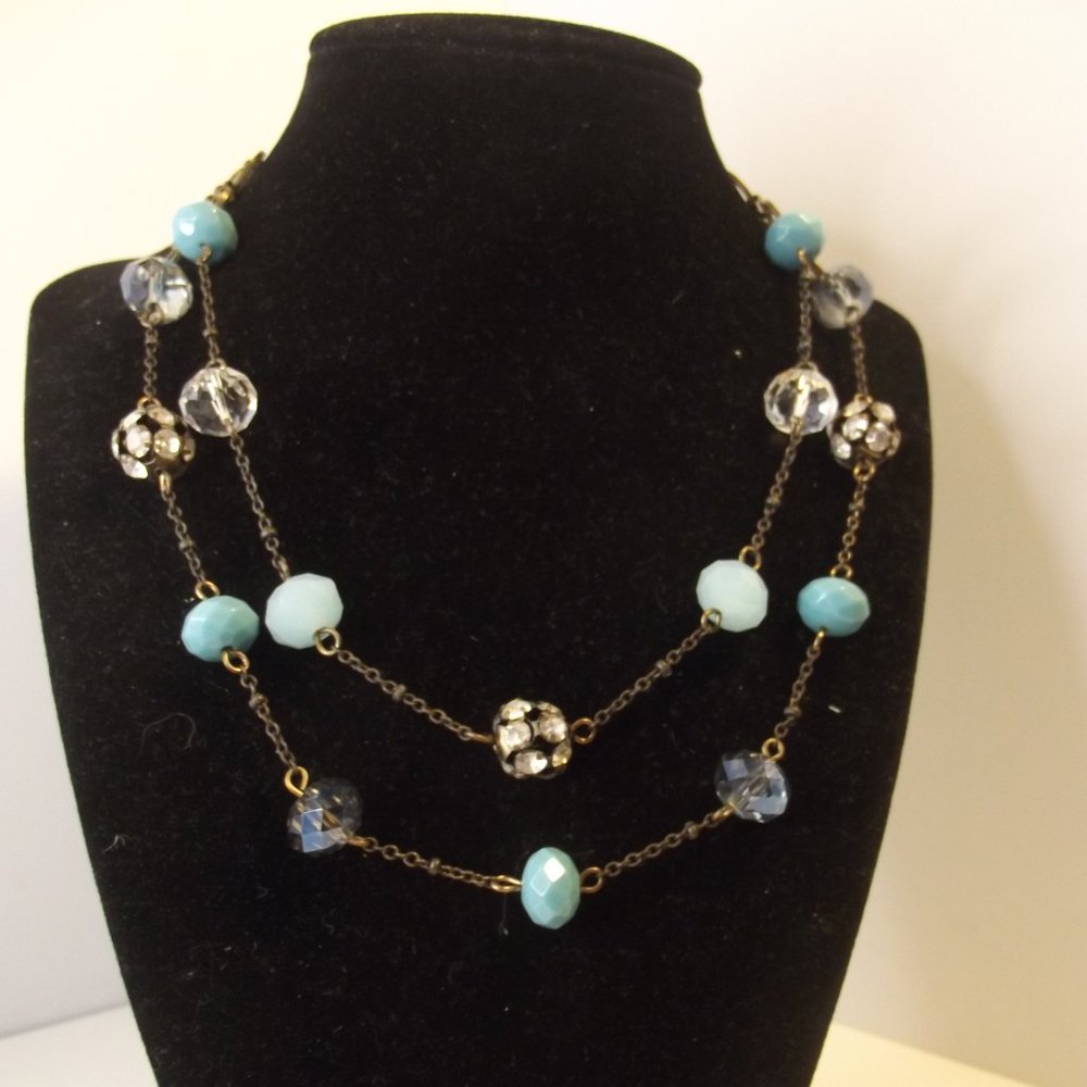 Liz Claiborne Necklace Double Strand Faceted Blue Glass Beads Disco Ball Crystal